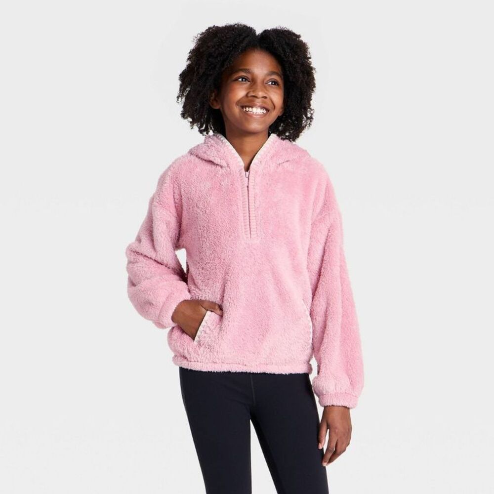 Girls' Active Comfort Fleece Relaxed Henley 1/2 Snap Sweatshirt - Pink S